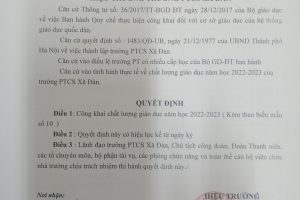 QUYẾT ĐỊNH VỀ VIỆC CÔNG KHAI CHẤT LƯỢNG GIÁO DỤC NĂM HỌC 2022 – 2023