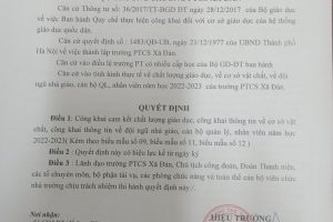 QUYẾT ĐỊNH VỀ VIỆC CÔNG KHAI CAM KẾT CHẤT LƯỢNG GIÁO DỤC NĂM HỌC 2022 – 2023